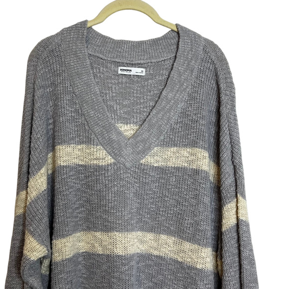 Sonoma Womens Chunky Knit Sweater Size 2X Gray Ivory Stripe V-Neck Pullover - Picture 2 of 6